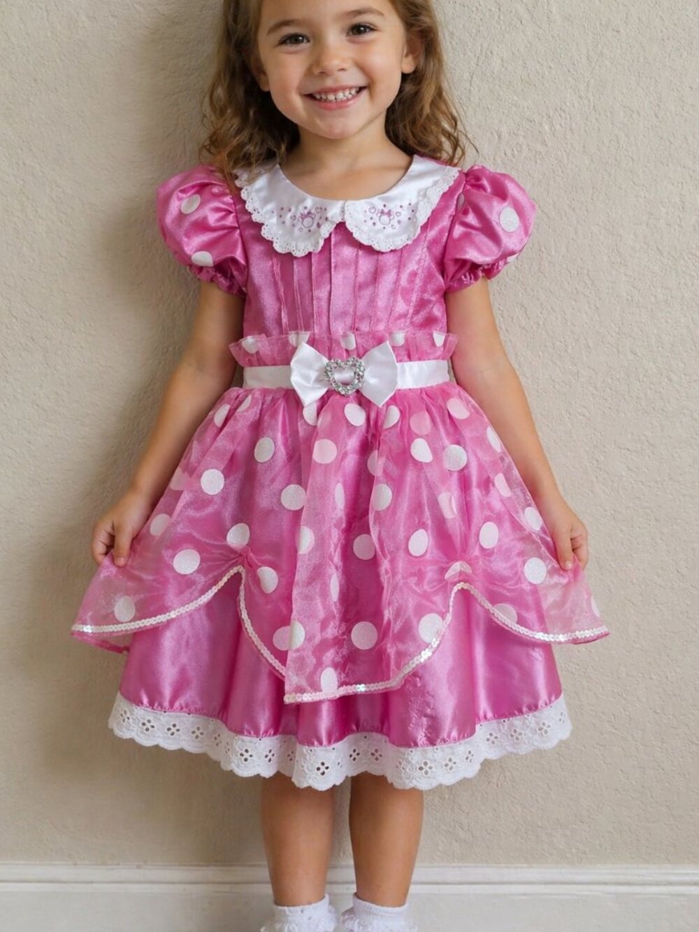 Disney Minnie Mouse Pink Polka‎ Dot Costume Dress Size 4 Rhinestone Bow Lace